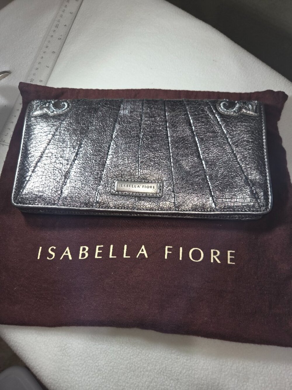 Isabella Fiore Metallic Pewter Embroidered Floral Leather Clutch 11" w/ Dust Bag